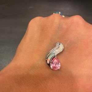 Beautiful silver stamped 925 opal and pink topaz pendant with marcasites